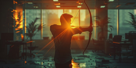 Silhouette of a man drawing a bow in office setting with sunlight streaming through the windows.の素材