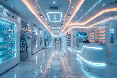 Futuristic medical lab with advanced technology, robots, and high-tech equipment, featuring sleek and clean design.の素材