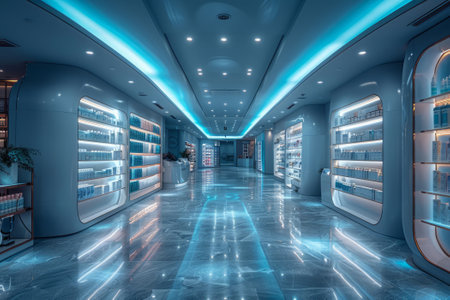 Futuristic pharmacy with a sleek design, illuminated shelves stocked with medicine, and advanced technology.の素材