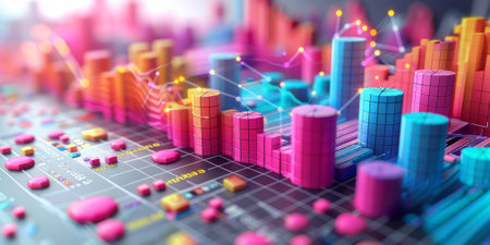 Colorful 3D data visualization with bar and line graphs on digital interface.の素材