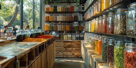 Bulk food section in grocery store with jars of various grains, legumes, and spices.の素材