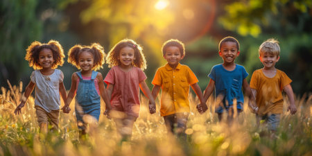 Group of diverse children holding hands and walking in a sunny field.の素材