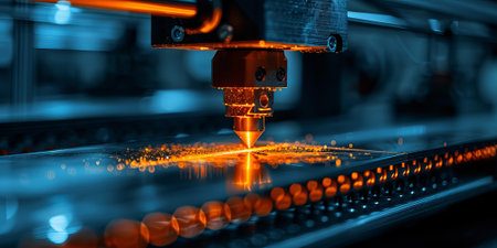 Close-up of laser cutting machine processing metal with bright orange sparks.の素材