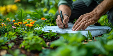 Close-up of person drawing garden plans surrounded by various blooming flowers and lush greenery.の素材