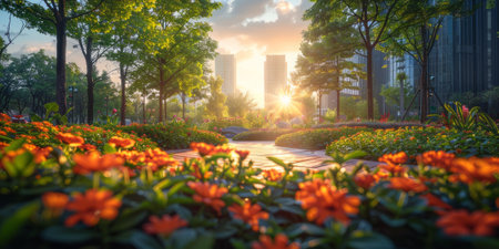 Sunlit urban park with vibrant flowers and tall buildings in background.の素材