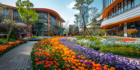 Colorful flower garden in modern urban plaza with curved buildings.の素材