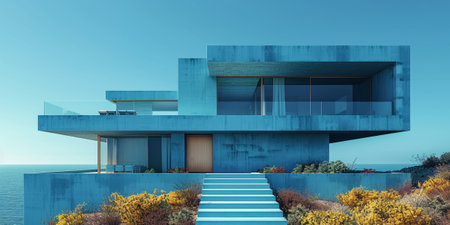 Modern blue concrete house with glass balconies and ocean view. Designの素材