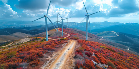 Wind turbines on mountain ridge with vibrant red foliage and a winding path.の素材