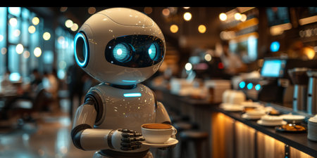 Humanoid robot serving coffee in modern cafe with a bright and busy atmosphere.の素材