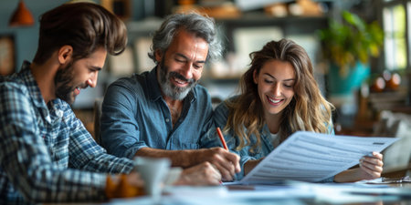 Three creative professionals discussing a project at a table with documents and pencils in a casual office setting.の素材