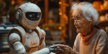 Elderly woman interacting with a humanoid robot in warmly lit environment.の素材