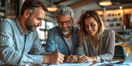 Three business colleagues collaborating on project at a table with documents and pens in a modern office.の素材