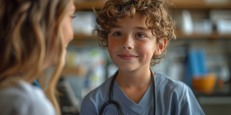 Young boy dressed as a doctor smiling in a medical setting.の素材