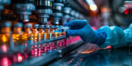 Close-up of a scientist filling vials with a syringe in high-tech laboratory.の素材