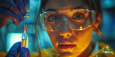Scientist wearing protective gear examining syringe with liquid in a laboratory.の素材