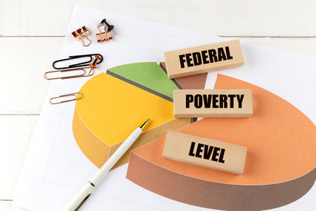 Federal poverty level text on wooden blocks placed on a pie chart with stationery and pen on a white...