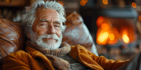 An elderly man with a warm smile relaxes in a leather chair by a cozy fireplace, wearing a scarf and jacket.の素材