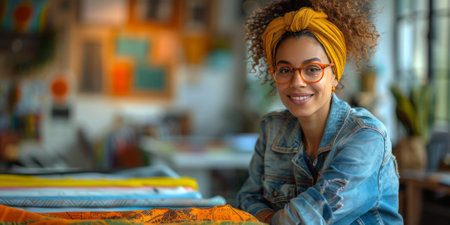 Smiling woman with curly hair wearing a yellow headband and orange glasses sits at a fabric store.の素材