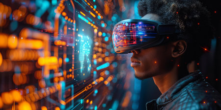 Man wearing a futuristic VR headset, immersed in a neon cyber world with holographic digital data interfacesの素材