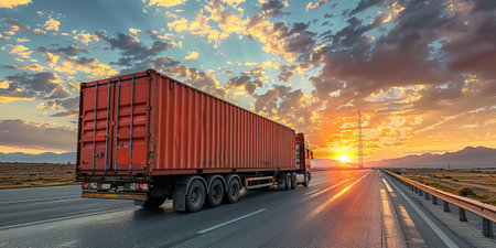 Red cargo truck driving on highway at sunset with dramatic clouds and mountains in the background.の素材