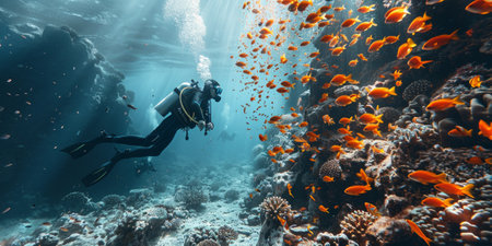 Scuba diver exploring a vibrant coral reef surrounded by colorful orange fish and illuminated by rays of sunlightの素材
