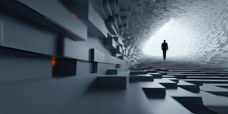 Silhouette of man walking through abstract geometric tunnel toward bright light in a futuristic environment.の素材