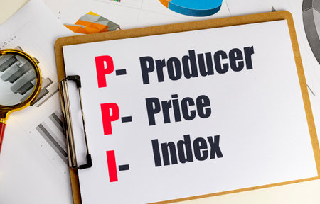 Clipboard with a text producer price index abbreviation PPI on top of financial charts and...