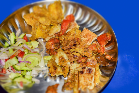 Junk food on top view on the blue tabletop.moglai.indian.continental.の写真素材