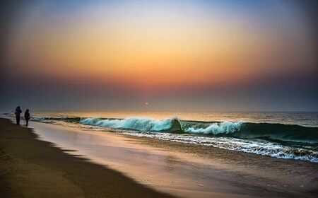 Sunrise on traveling for refreshing mind and soul apart from fun to the seashore Beach around Asia, India. Odisa, India, very popular in eastern India.のeditorial素材
