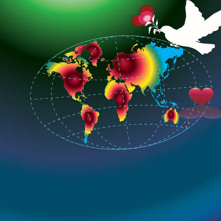 Illustration of loving peace on the Earth with White pigeon carrying love sign or heart sign in the globe on gradient blue background. Political world map is an illustration created by me,の写真素材