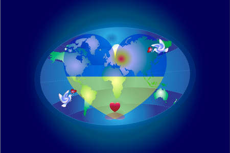 Illustration of loving peace on the Earth with White pigeon carrying love sign or heart sign in the globe on gradient blue background. Political world map is an illustration created by me.の写真素材