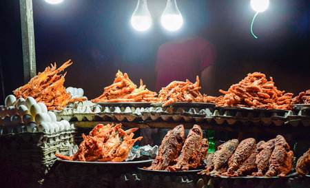 Street food made with different types of Ocean fishes, crabs, octopus ect at  the sea beach side of Puri seashore , Odisha, India, Asia FEBRUARY 2020.alues)の写真素材
