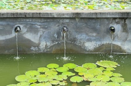 Water flow from water pipe to the lake の写真素材
