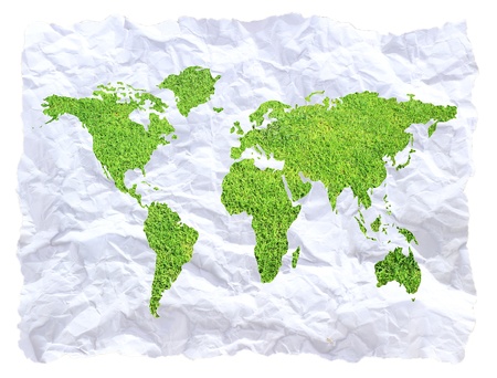 Green global map on crumpled paper