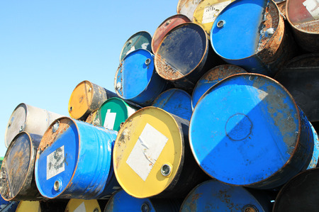Pile of rusty fuel and chemical drumsの写真素材