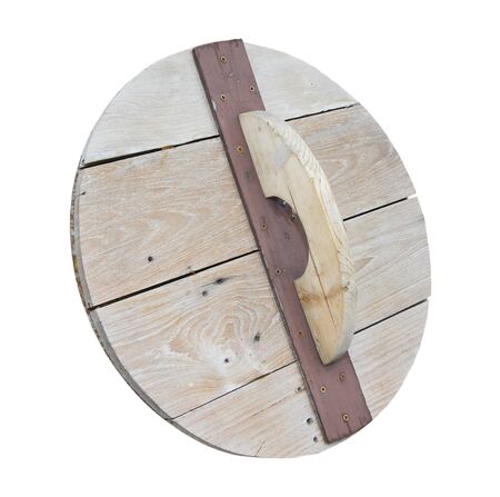Wooden rounded lid with handle isolated on white backgroundの写真素材