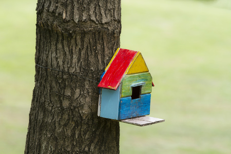 Bird house nesting-box hang on tree trunkの写真素材