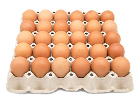 Chicken eggs in the paper carton isolated on white backgroundの写真素材