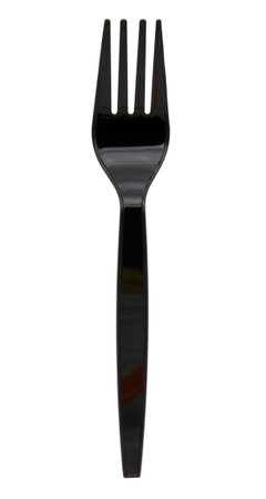 Black plastic fork isolated on white backgroundの写真素材