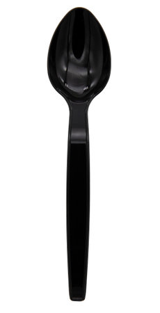Black plastic spoon isolated on white backgroundの写真素材
