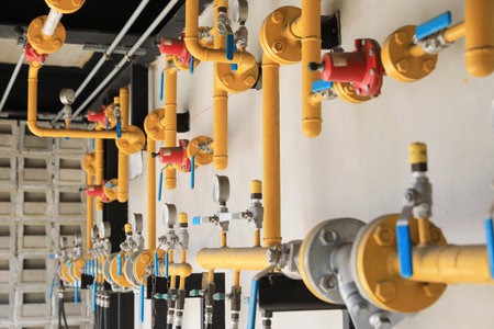 Yellow gas pipeline system installed on building wall.の写真素材