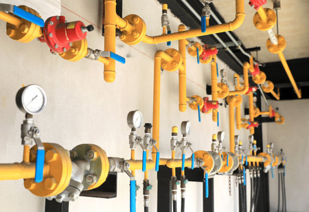 Yellow gas pipeline system installed on building wall.の写真素材