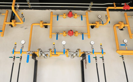 Yellow gas pipeline system installed on building wall.の写真素材