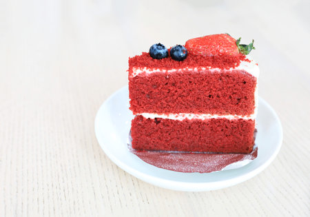 Red velvet layered cake on tableの写真素材