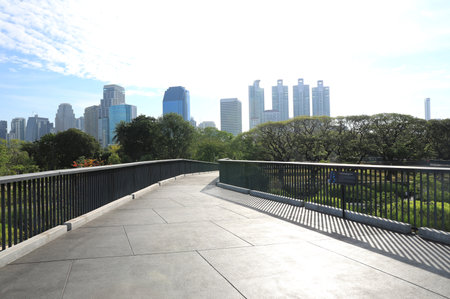 Long skywalk crisscrossing wetland in naturalistic public park, Bangkok, Thailand.の写真素材