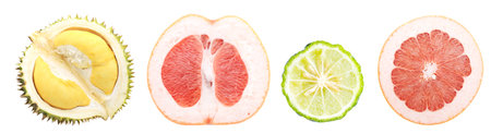 Tropical fruit cut in half isolated on white background.の写真素材