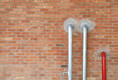 Two silver pipes and red one installed on old red brick wall.の写真素材