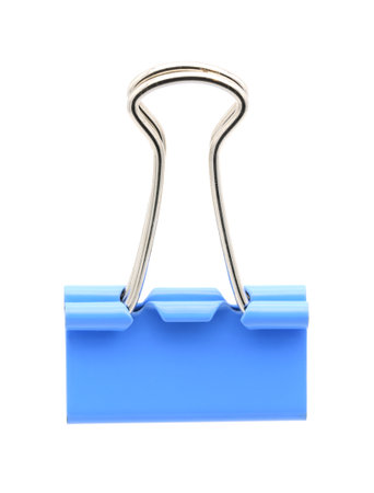 Blue binder clip isolated on white backgroundの写真素材