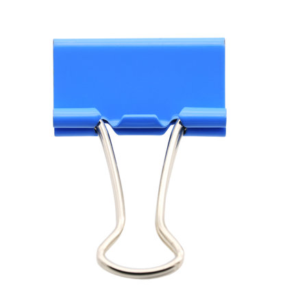 Blue binder clip isolated on white backgroundの写真素材