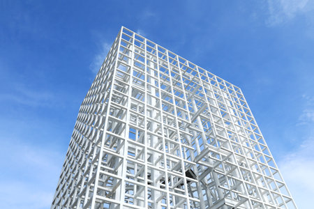 Steel beam construction with blue sky backgroundの写真素材